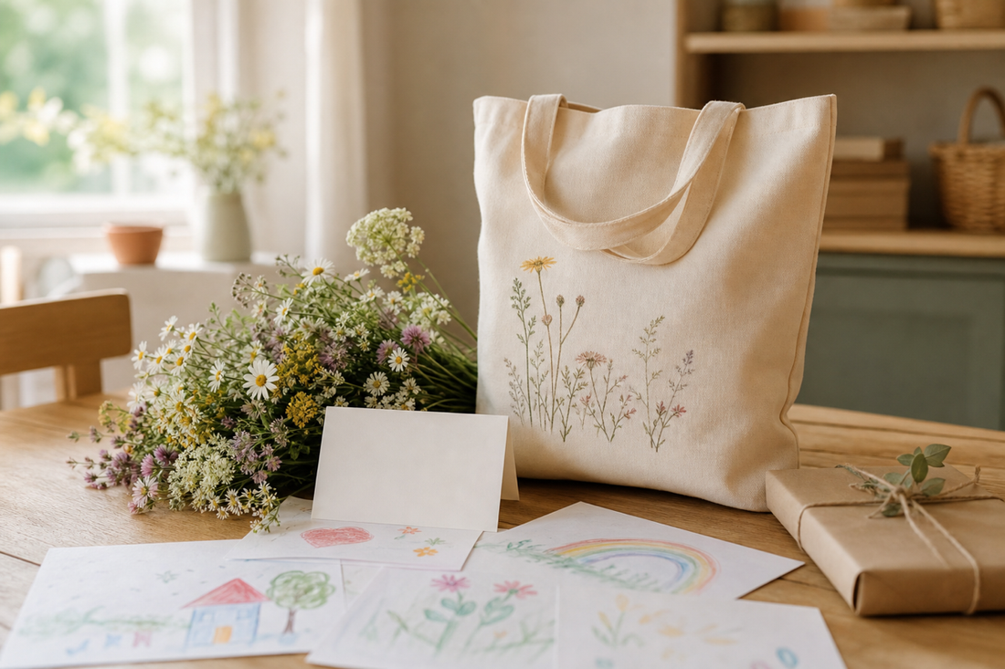 Naturfarbene Stofftasche mit Blumenillustration, Wiesenblumen und Kinderzeichnungen als Geschenkidee zum Kita-Abschied für eine Erzieherin
