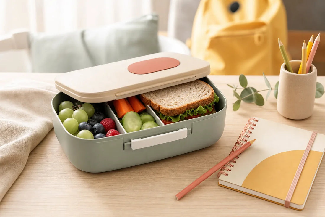 Moderne personalisierbare Brotdose in Naturtönen mit Obst und Schulmaterial auf hellem Tisch im Morgenlicht
