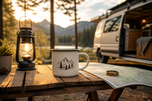 Emaille-Campingbecher auf kleinem Holztisch vor Camper und Wald bei warmem Abendlicht
