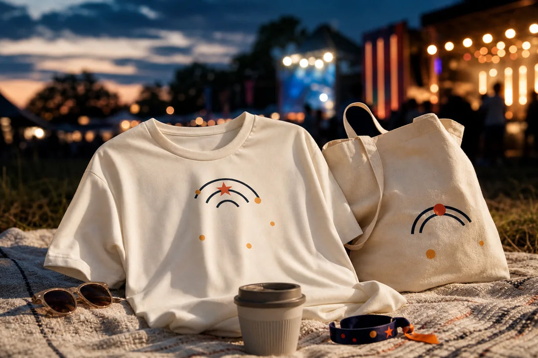 Fotorealistisches Festival-Shirt in Creme mit minimalistischer Stern-und-Soundwave-Grafik neben passender naturfarbener Tragetasche vor warmen Buehnenlichtern