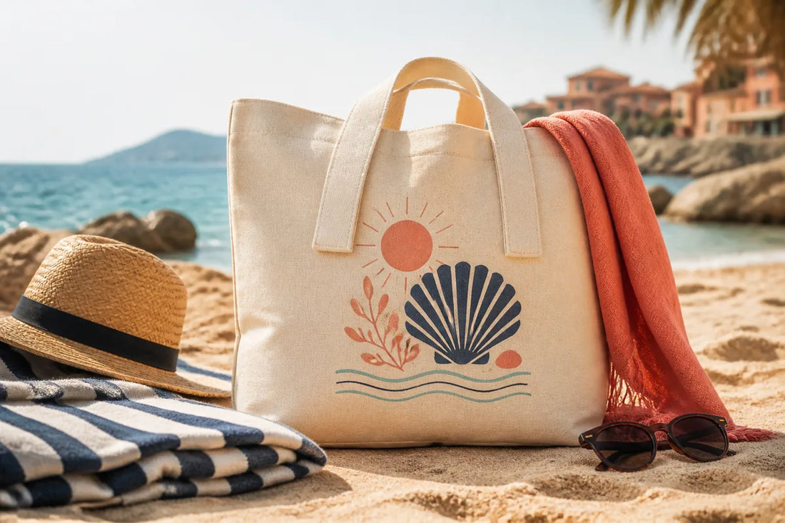 Naturfarbene Strandtasche mit modernem Muschel- und Sonnenmotiv auf hellem Sand neben Sonnenhut und Handtuch in sommerlichem Licht